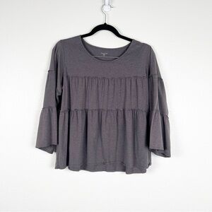 Garnet Hill 3/4 Sleeve Tiered Ruffle Blouse Gray‎ Sz S